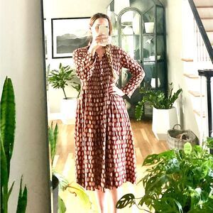 Yaza 100% Cotton Orange Long Sleeve Collared Buttoned Broomstick maxi Dress S/M